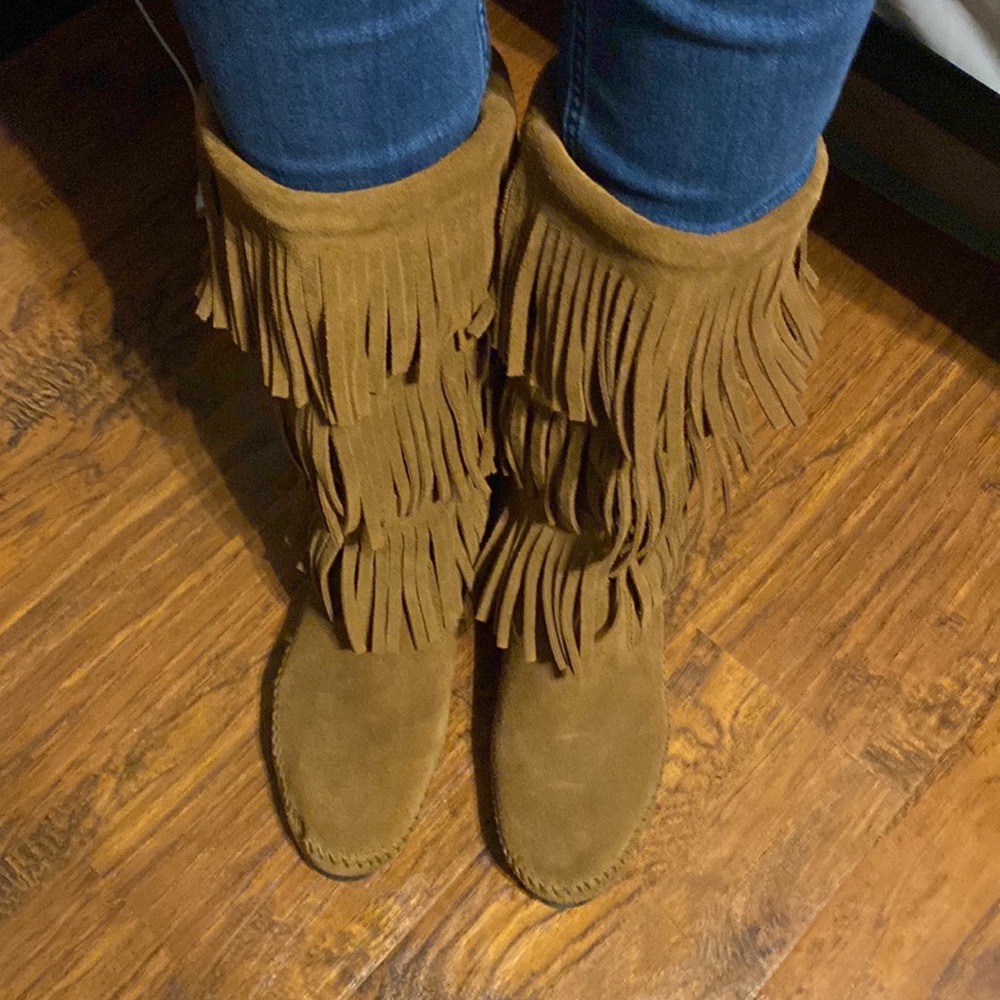 Minnetonka Triple Fringe Leather Moccasin Boots